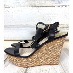 Vince Camuto Women’s 8 Black Leather Noli Buckle Wedge Espadrille Slip On Sandal